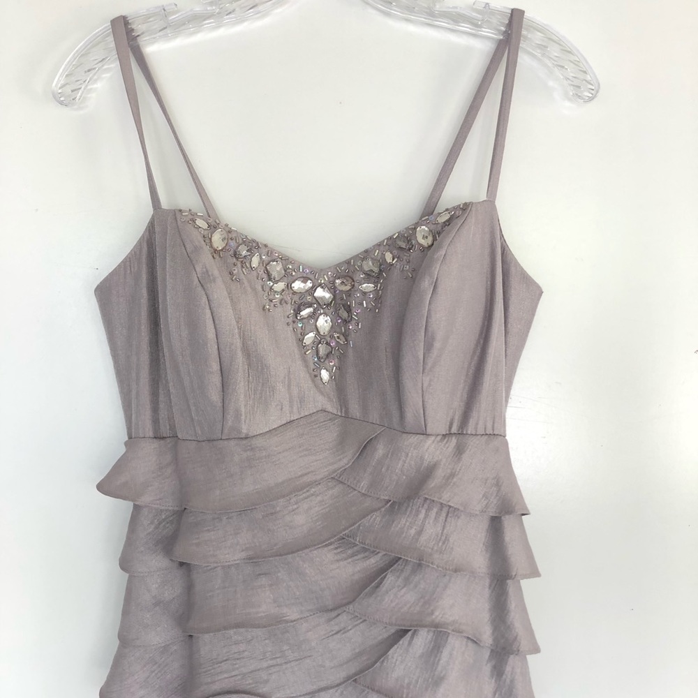 Carol Lin Gray Beaded Scalloped Evening Gown Sz 8